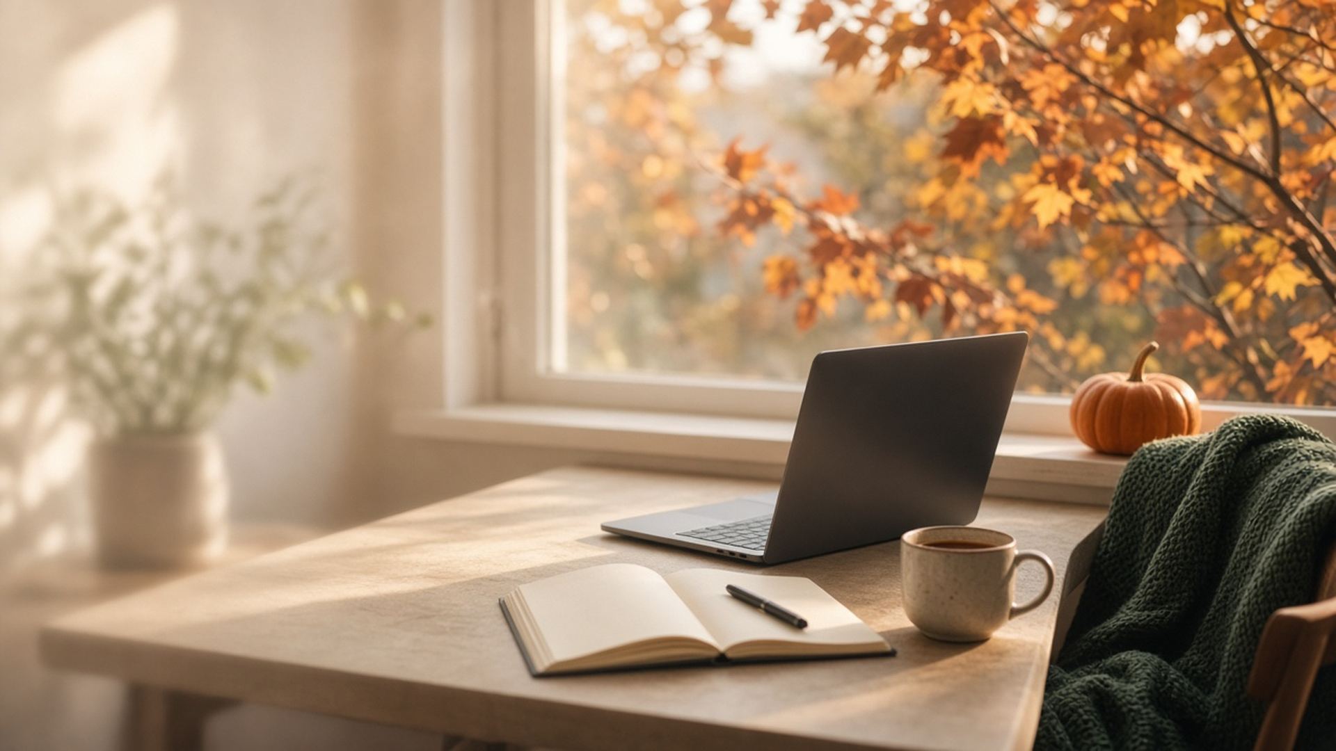 A cozy home-office desk by a sunlit window with amber maple leaves, a warm mug, an open notebook, a small pumpkin, and a green knit blanket.
